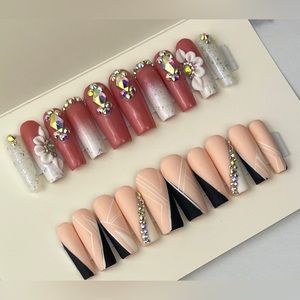 long square Press on nails rhinestones ombré acrylic flowers glitter matte gel